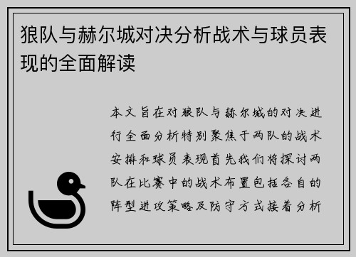 狼队与赫尔城对决分析战术与球员表现的全面解读